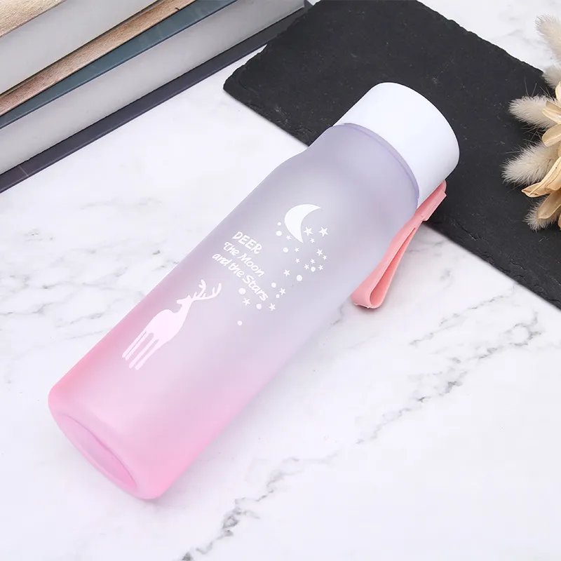 Fantasy elk gradient color frosted space cup with rope outdoor portable water cup cute plastic water bottle with drop resistance (The printing pattern is random) Light Pink image 2