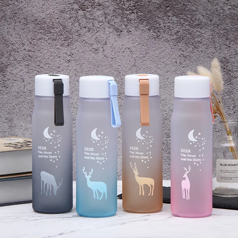 Fantasy elk gradient color frosted space cup with rope outdoor portable water cup cute plastic water bottle with drop resistance (The printing pattern is random) Light Pink image 3