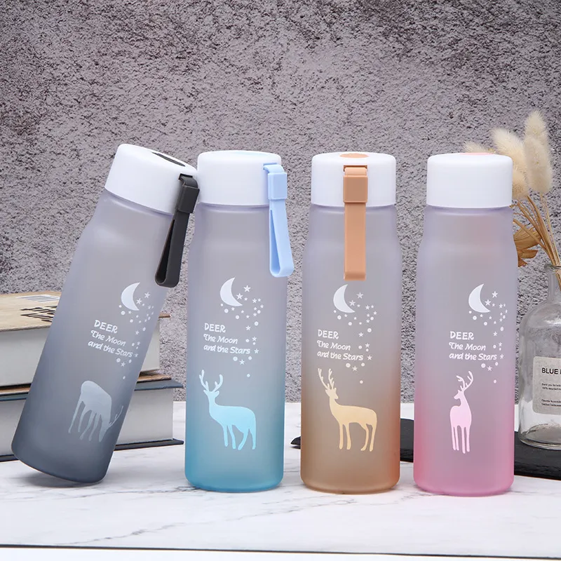 Fantasy elk gradient color frosted space cup with rope outdoor portable water cup cute plastic water bottle with drop resistance (The printing pattern is random) Yellow big image 1