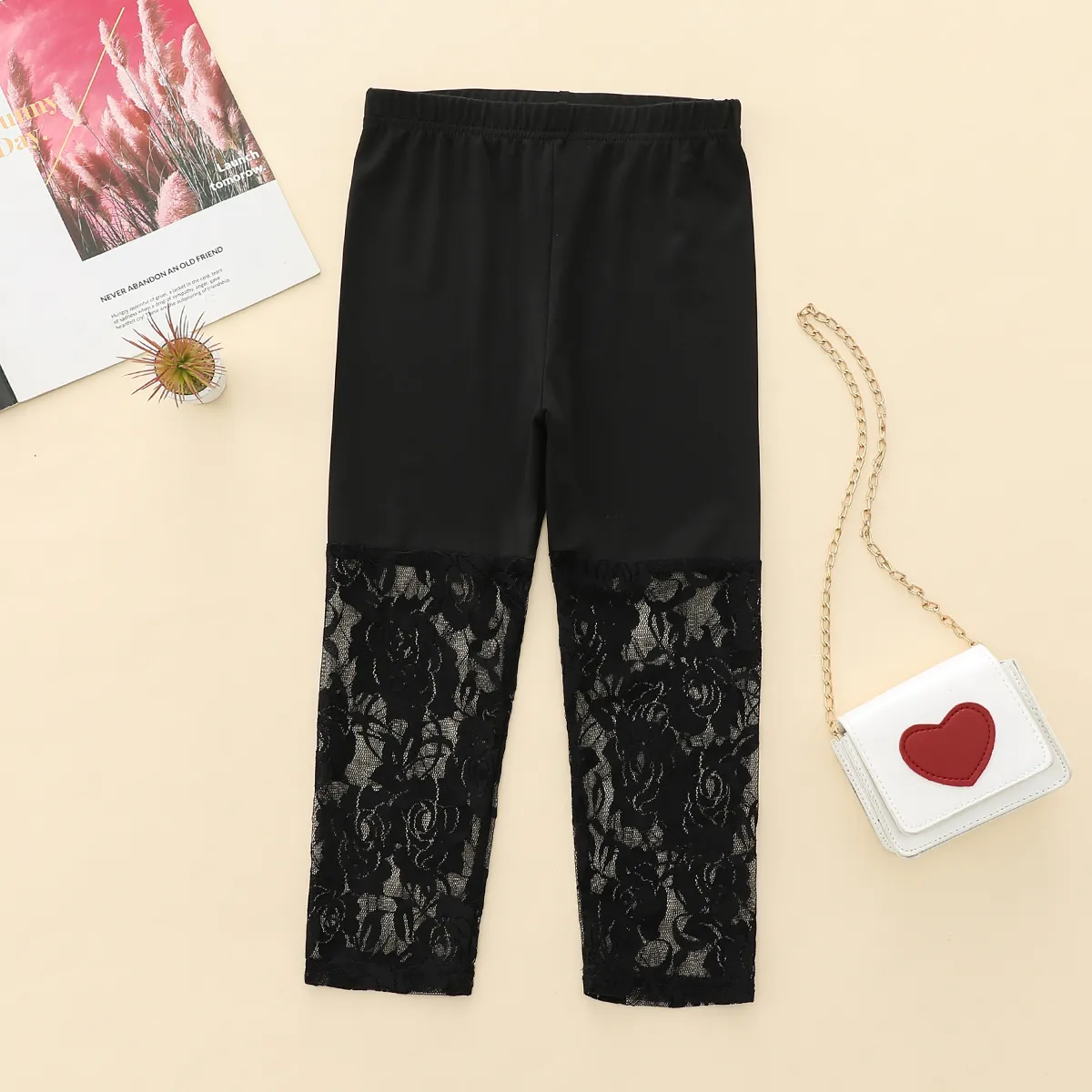 Kid Girl Floral Lace Design Solid Color Capri Leggings Black