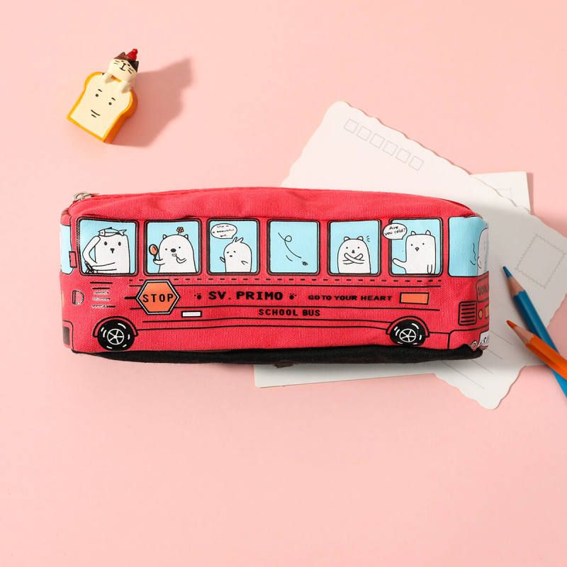 

Creative Cute School Bus Pen Pencil Case Canvas Student Bus Zipper Pen Pouch Holder Student Stationery Supplies