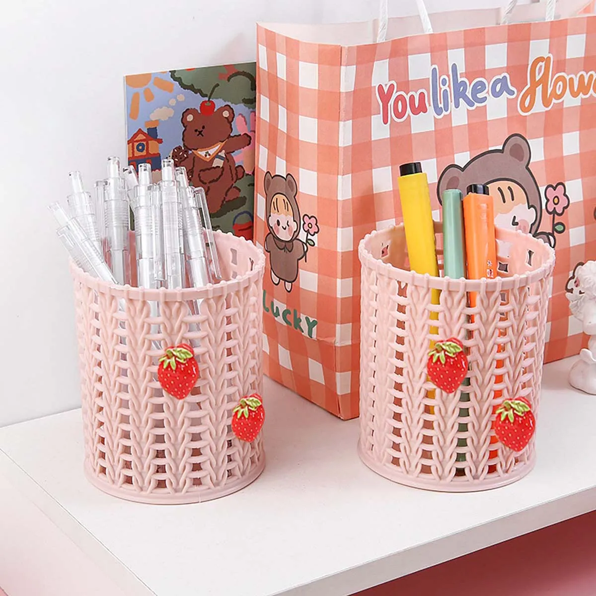 Creative Imitating Rattan Pencil Holder Makeup Cosmetic Brush Storage Box Desk Organizer Office School Supplies  image 2