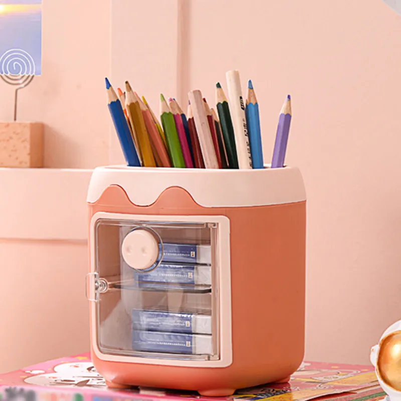 Cute Pen Holder with Dust Lid Compartment Pencil Pen Holder Desk Organizers Container Stationery Supplies big image 2