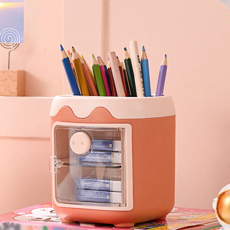 Cute Pen Holder with Dust Lid Compartment Pencil Pen Holder Desk Organizers Container Stationery Supplies Orange big image 1