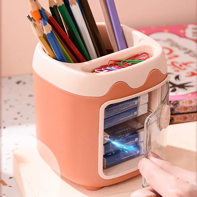Cute Pen Holder with Dust Lid Compartment Pencil Pen Holder Desk Organizers Container Stationery Supplies big image 4