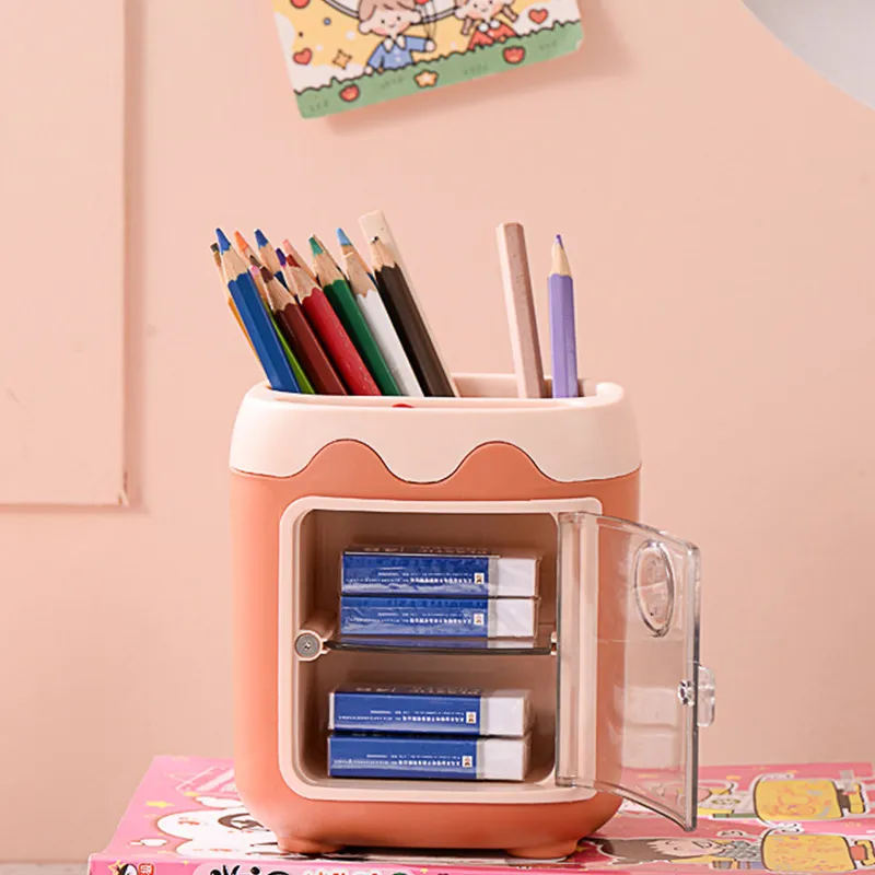 Cute Pen Holder with Dust Lid Compartment Pencil Pen Holder Desk Organizers Container Stationery Supplies Orange big image 1