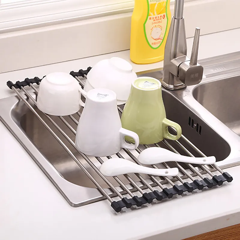 Roll-Up Foldable Dish Drying Rack Kitchen Sink Drying Rack Portable Dish Rack Dish Drainer Black image 4