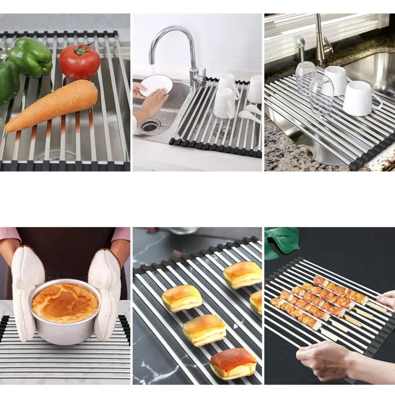 Roll-Up Foldable Dish Drying Rack Kitchen Sink Drying Rack Portable Dish Rack Dish Drainer Black image 5