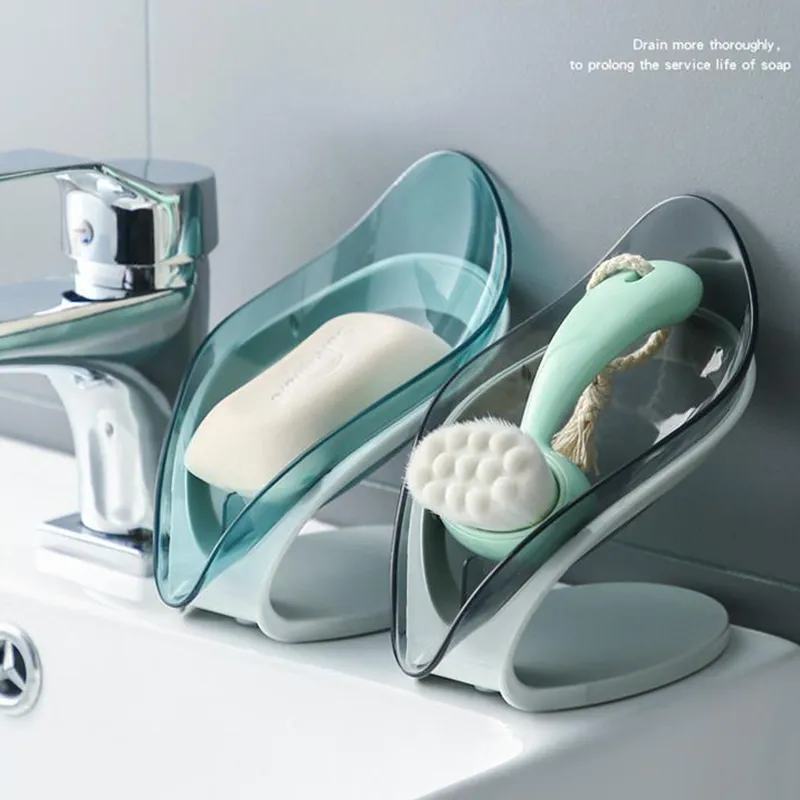 創意葉形皂架帶吸盤不打孔皂盒托盤自排水保持皂幹易清潔 綠色 big image 1