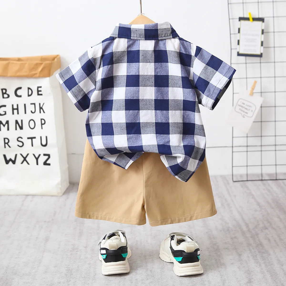 2pcs Toddler Boy Casual Plaid Shirt & Khaki Shorts Set Black/White big image 1