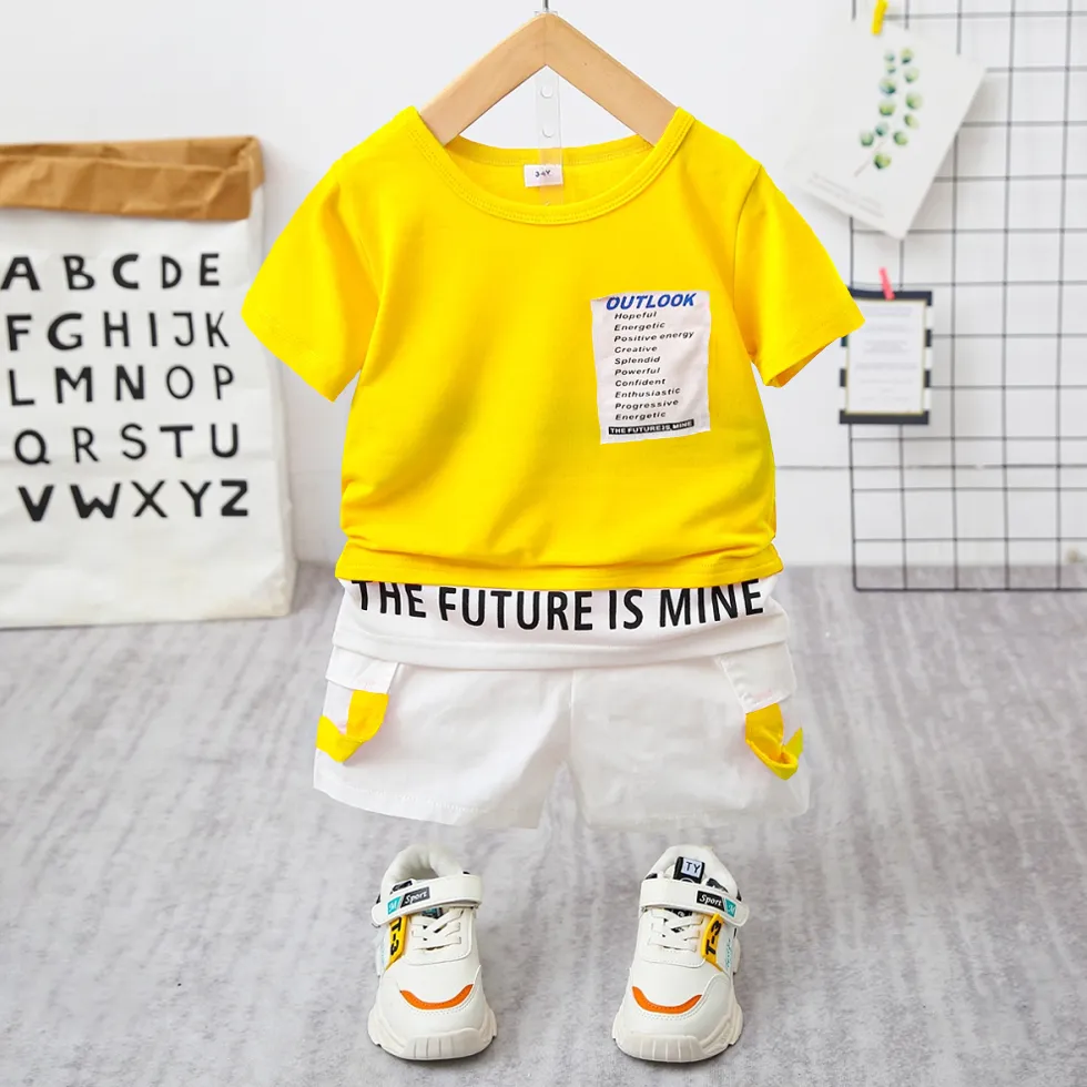 2pcs Toddler Boy Trendy Letter Print Tee and Shorts Set Yellow big image 1