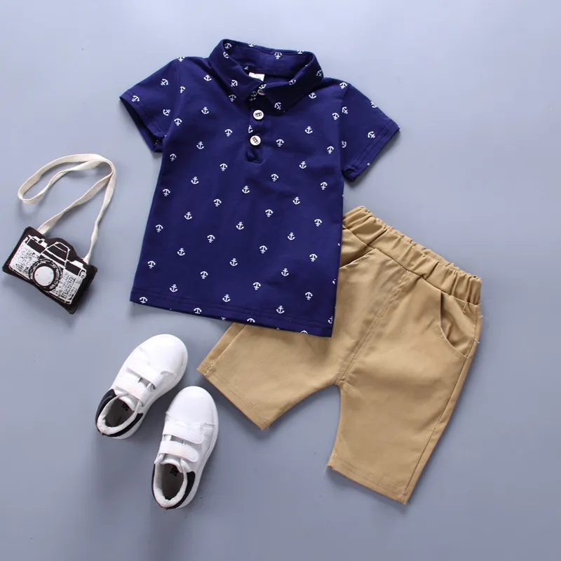2pcs Toddler Boy Preppy style Anchor Print Polo Shirt and Shorts Set  big image 1