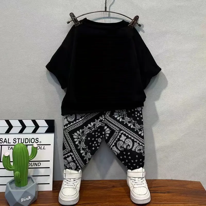 2pcs Toddler Boy Boho Exotic Pocket Design Tee and Panta Set Black image 2