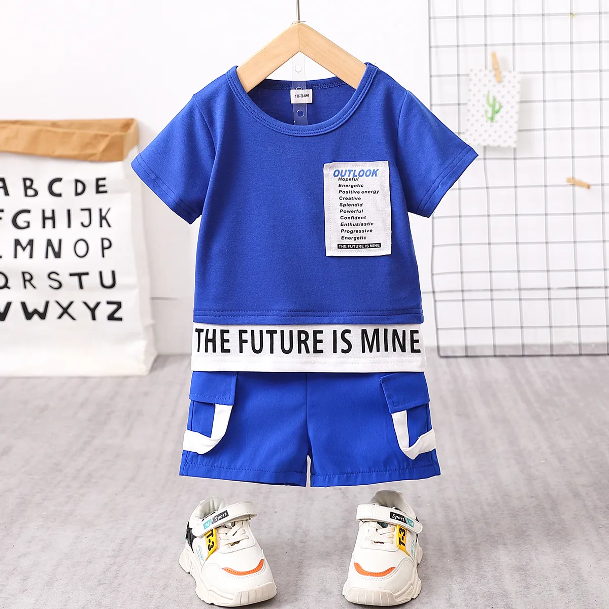 2pcs Toddler Boy Trendy Letter Print Tee and Shorts Set Blue