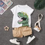 2pcs Toddler Boy Playful Dinosaur Print Tee & Cargo Shorts Set Khaki