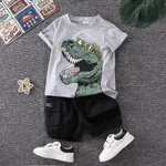 2 unidades Niño pequeño Chico Bolsillo de parche Infantil Dinosaurio conjuntos de camiseta Gris claro