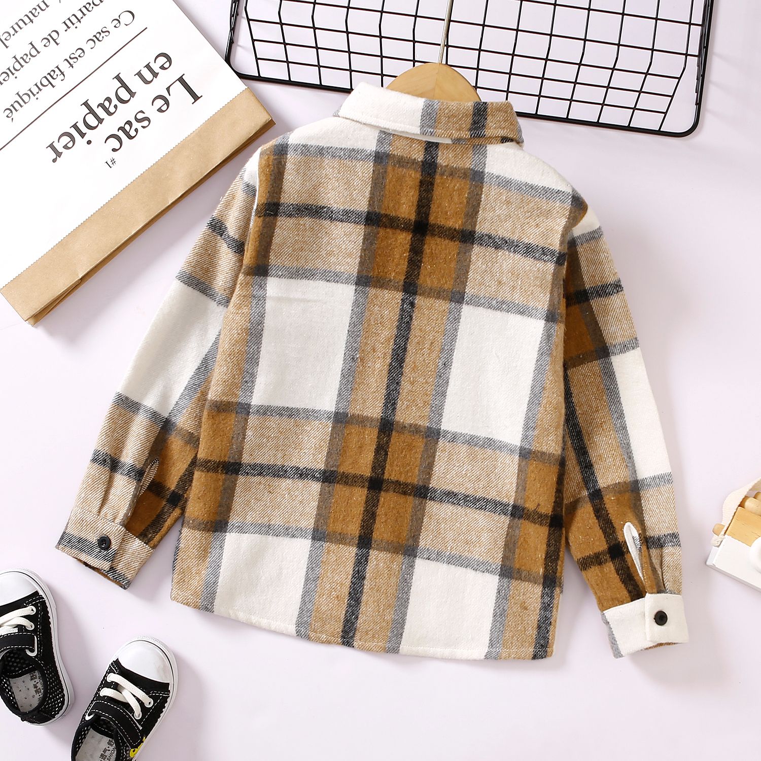 Kid Boy Lapel Collar Button-Down Long-sleeve Plaid Shirt