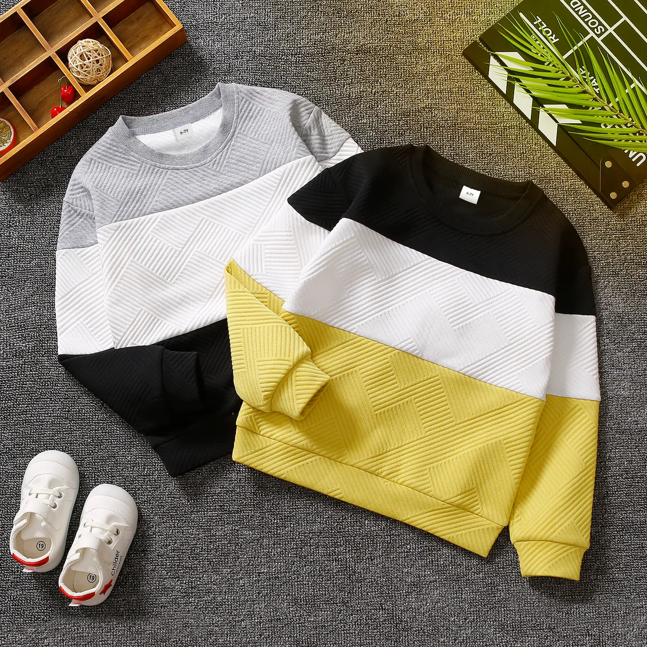Kid Boy Casual Colorblock Textured Pullover Sweatshirt Black big image 1