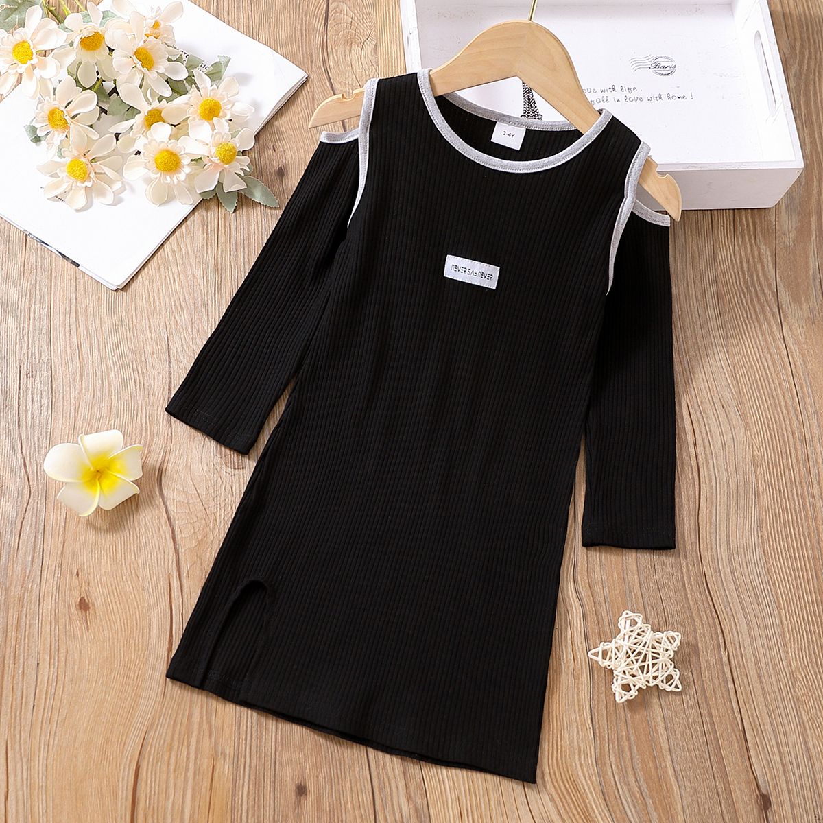 

Toddler Girl Trendy Cold Shoulder Letter Print Ribbed Long-sleeve Black Dress