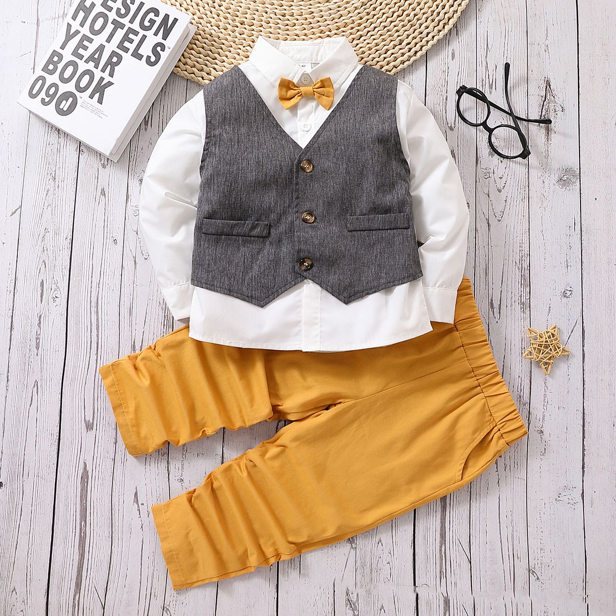 

2pcs Toddler Boy Gentleman Suit, Faux-two Bow tie Vest Design Shirt and Pants Party Set