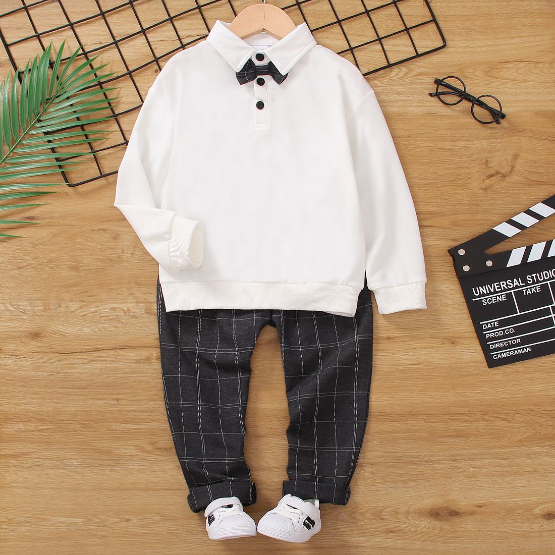 

2pcs Kid Boy Gentleman Suit, Bow tie Design Long-sleeve White Polo Shirt and Plaid Pants Party Set