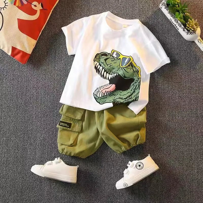 2 unidades Criança Menino Bolso cosido Infantil Dinossauro conjuntos de camisetas Branco image 6