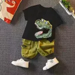 2pcs Toddler Boy Playful Dinosaur Print Tee & Cargo Shorts Set Black