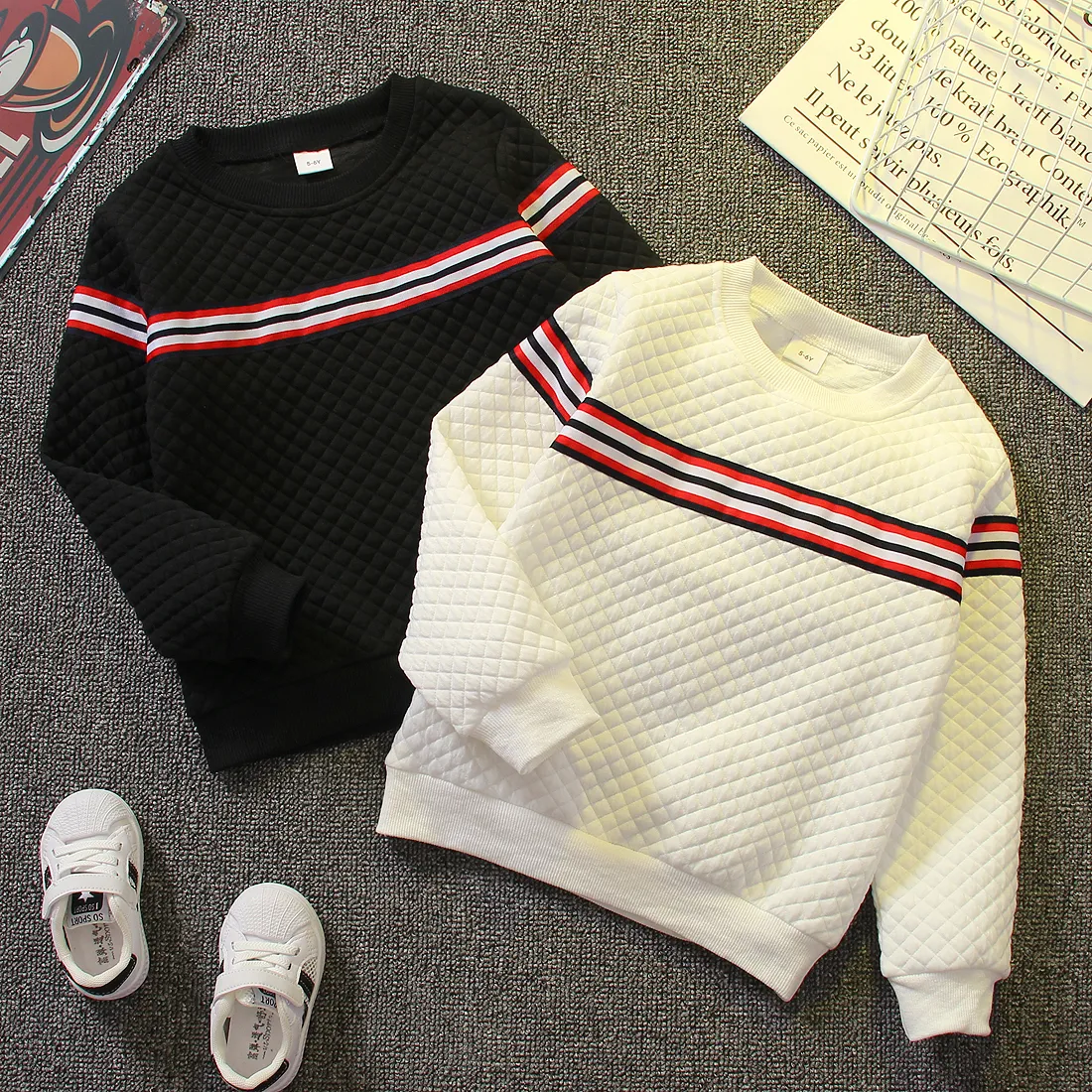Kid Boy Preppy style Striped Webbing Textured Pullover Sweatshirt White big image 1