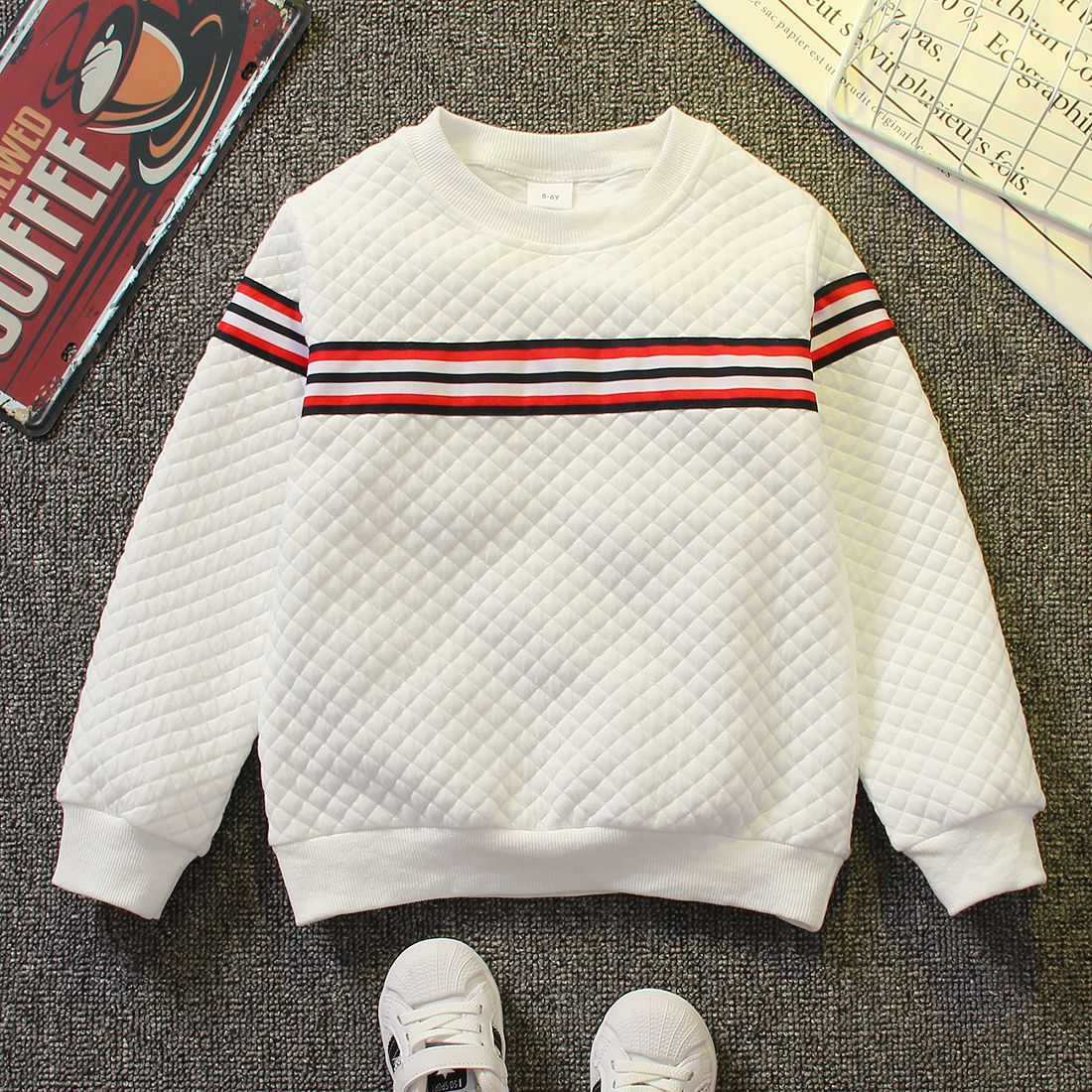 Kid Boy Preppy style Striped Webbing Textured Pullover Sweatshirt