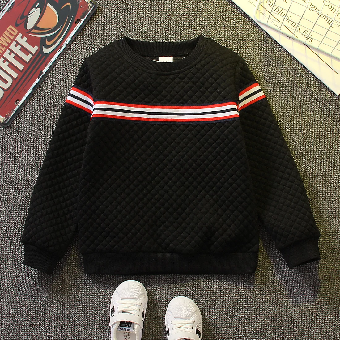 Kid Boy Preppy style Striped Webbing Textured Pullover Sweatshirt  big image 1
