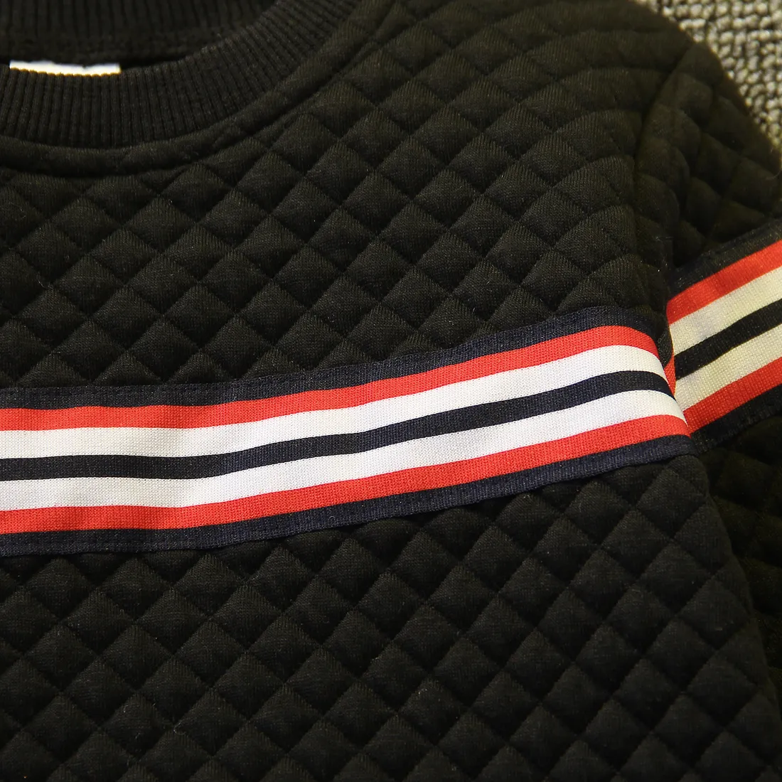 Kid Boy Preppy style Striped Webbing Textured Pullover Sweatshirt Black big image 1