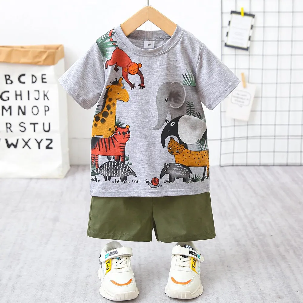 2pcs Toddler Boy Playful Animal Print Tee and Shorts Set  big image 6