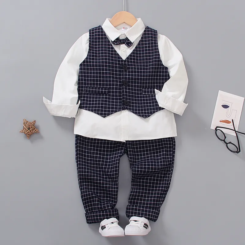 2pcs Kid Boy Gentleman Suit, Faux-two Plaid shirt and Pants Party Set