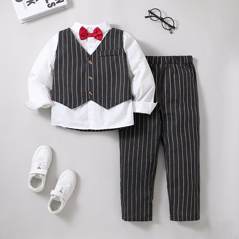 

2pcs Kid Boy Gentleman Suit, Faux-two Stripe Lapel Collar Shirt and Pants Set