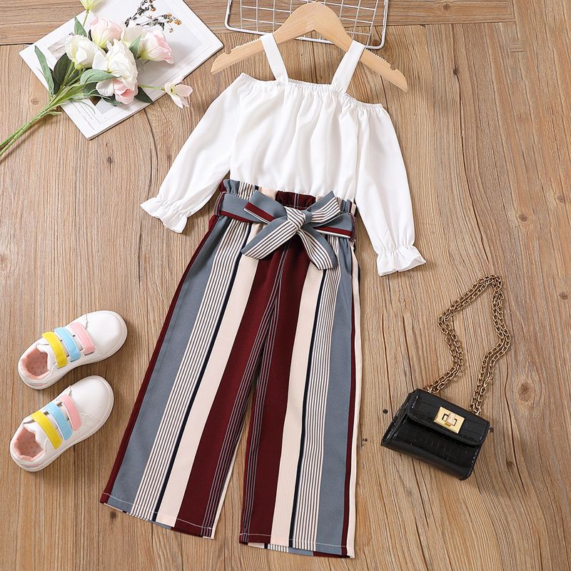 

3pcs Toddler Girl Elegant Off Shoulder Strap Tee and Stripe Pants & Belt Set