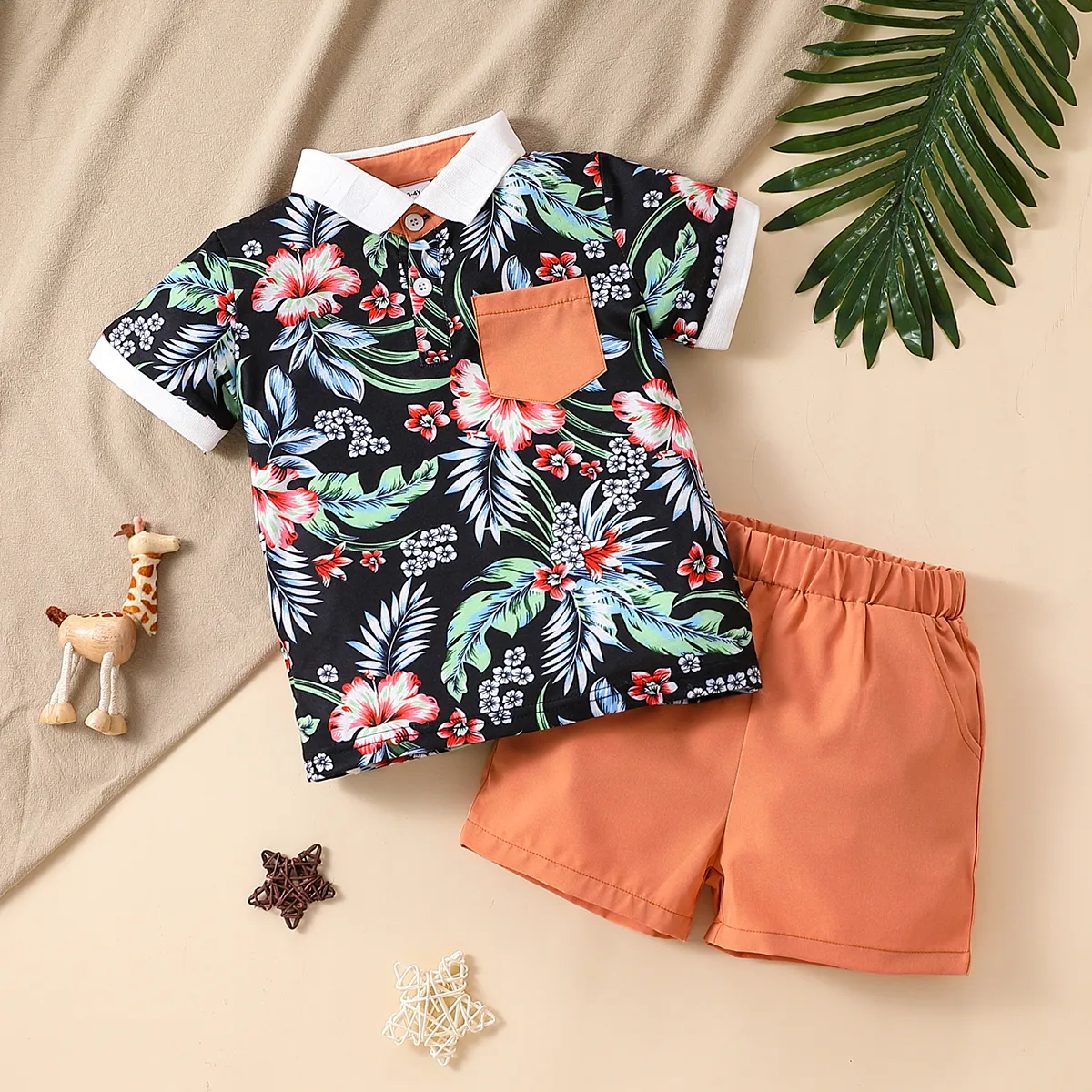 2 Stück Kleinkinder Jungen Revers Boho-Stil Tropische Pflanzen und Blumen T-Shirt-Sets orange big image 1