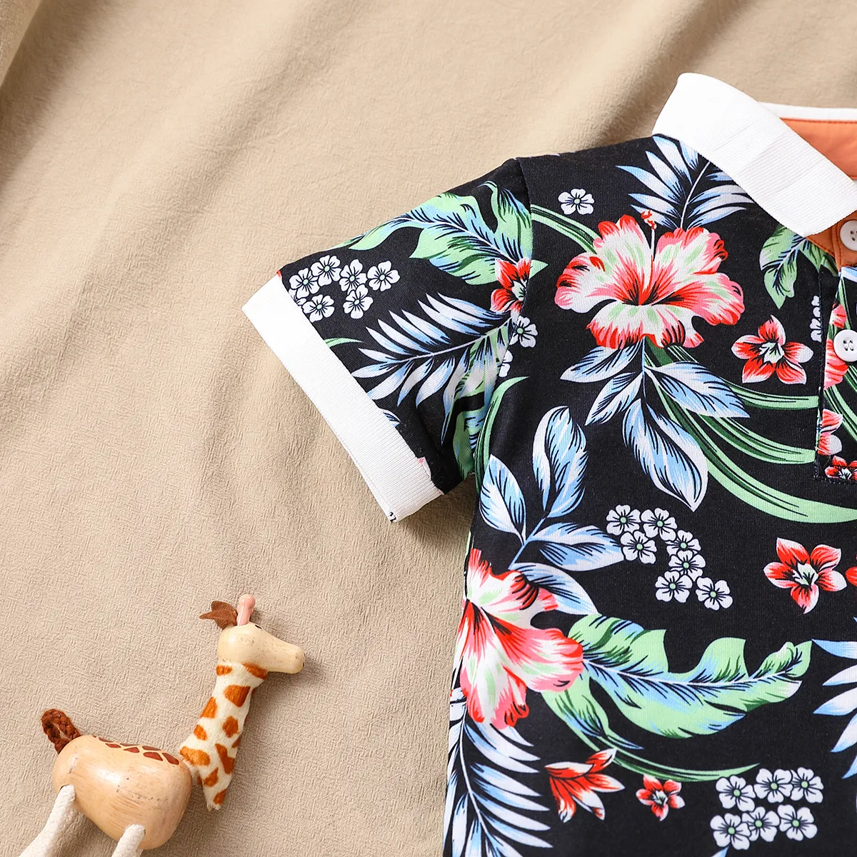 2 Stück Kleinkinder Jungen Revers Boho-Stil Tropische Pflanzen und Blumen T-Shirt-Sets orange big image 1