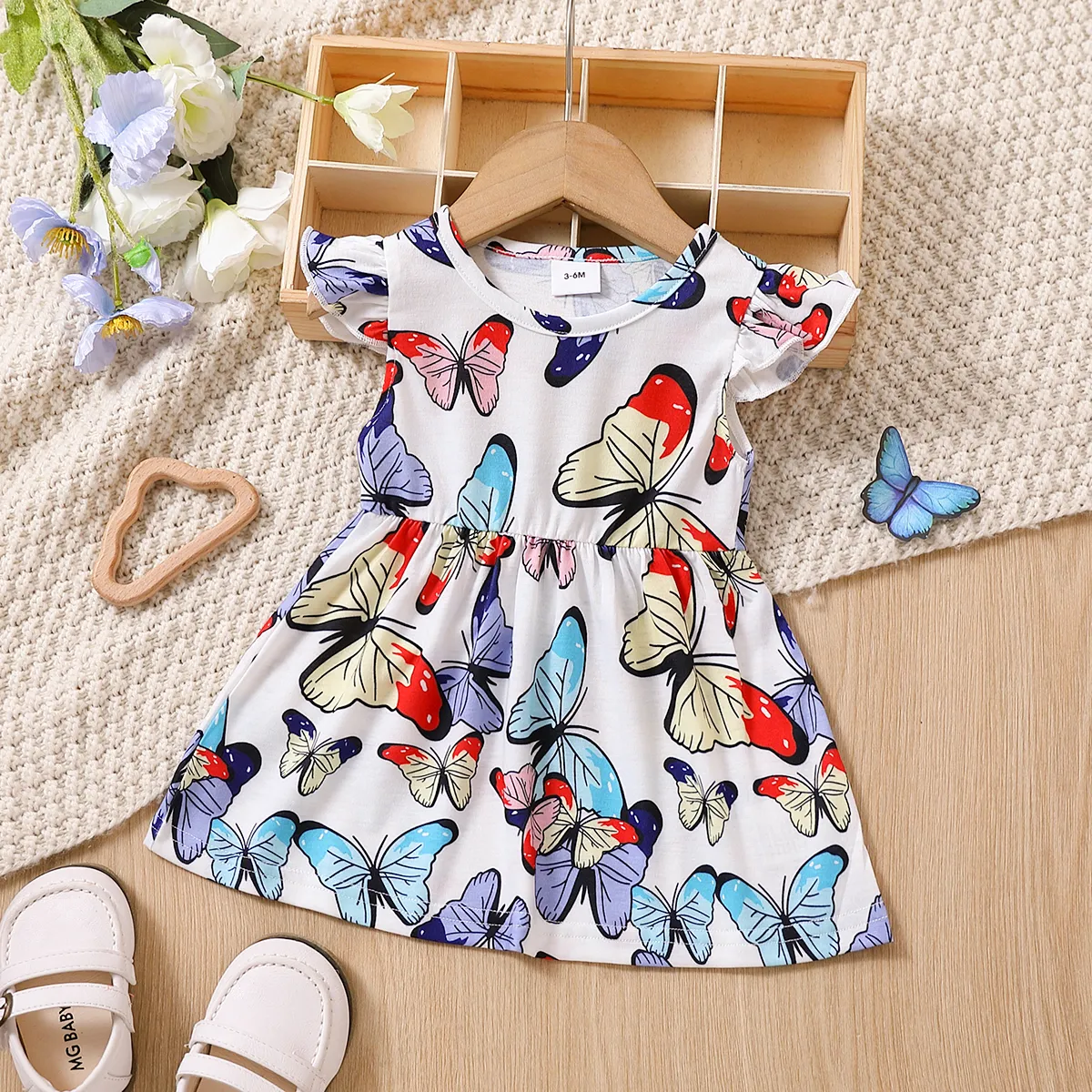 Baby Girl Allover Colorful Butterfly Print Flutter-sleeve Dress MultiColour big image 1