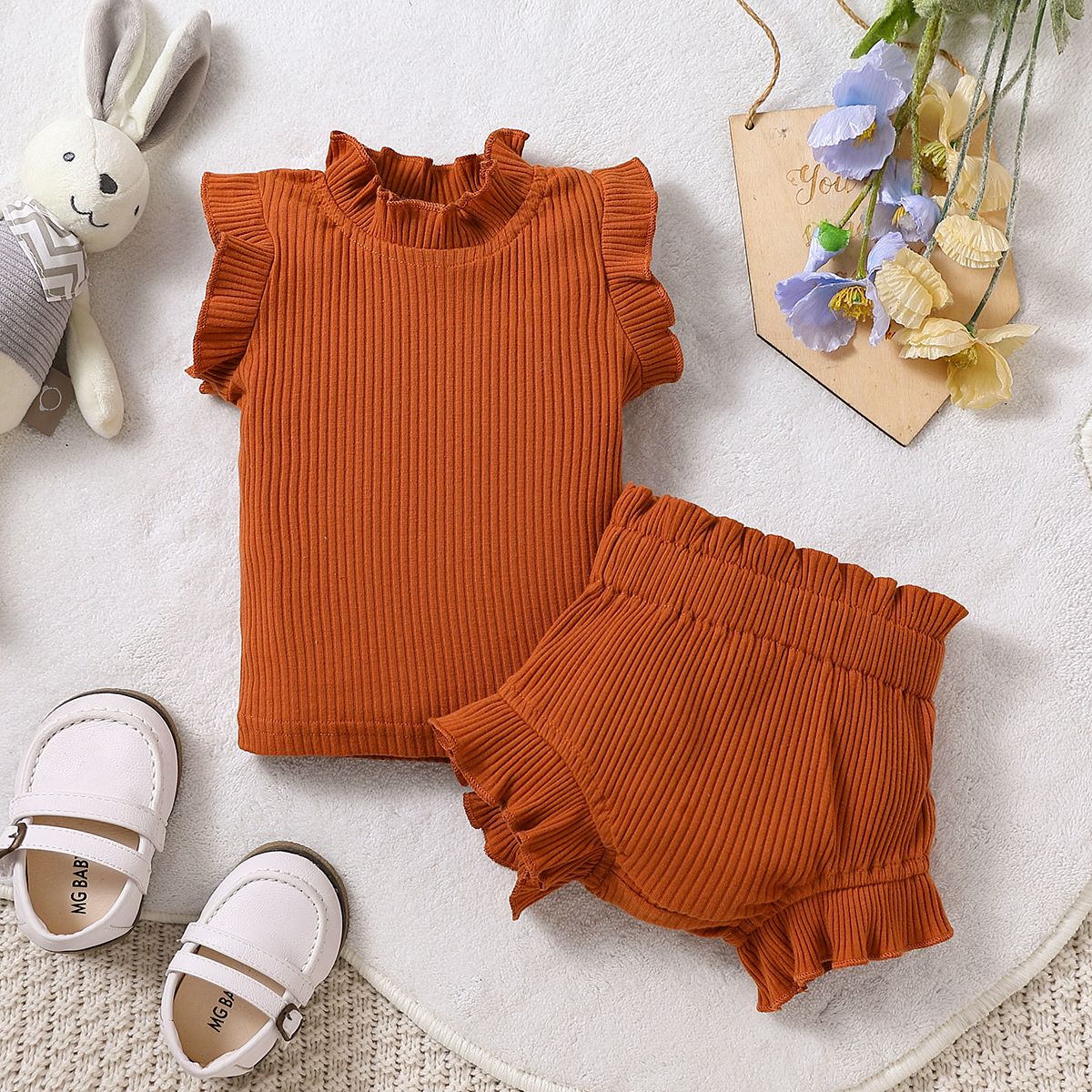 

2pcs Baby Girl Solid Cotton Ribbed Ruffle Trim Tank Top & Shorts Set