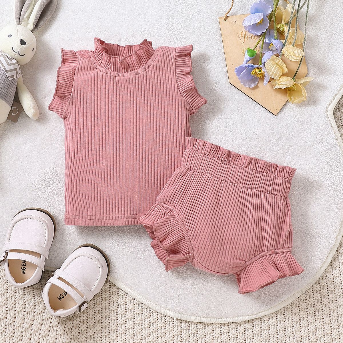 

2pcs Baby Girl Solid Cotton Ribbed Ruffle Trim Tank Top & Shorts Set