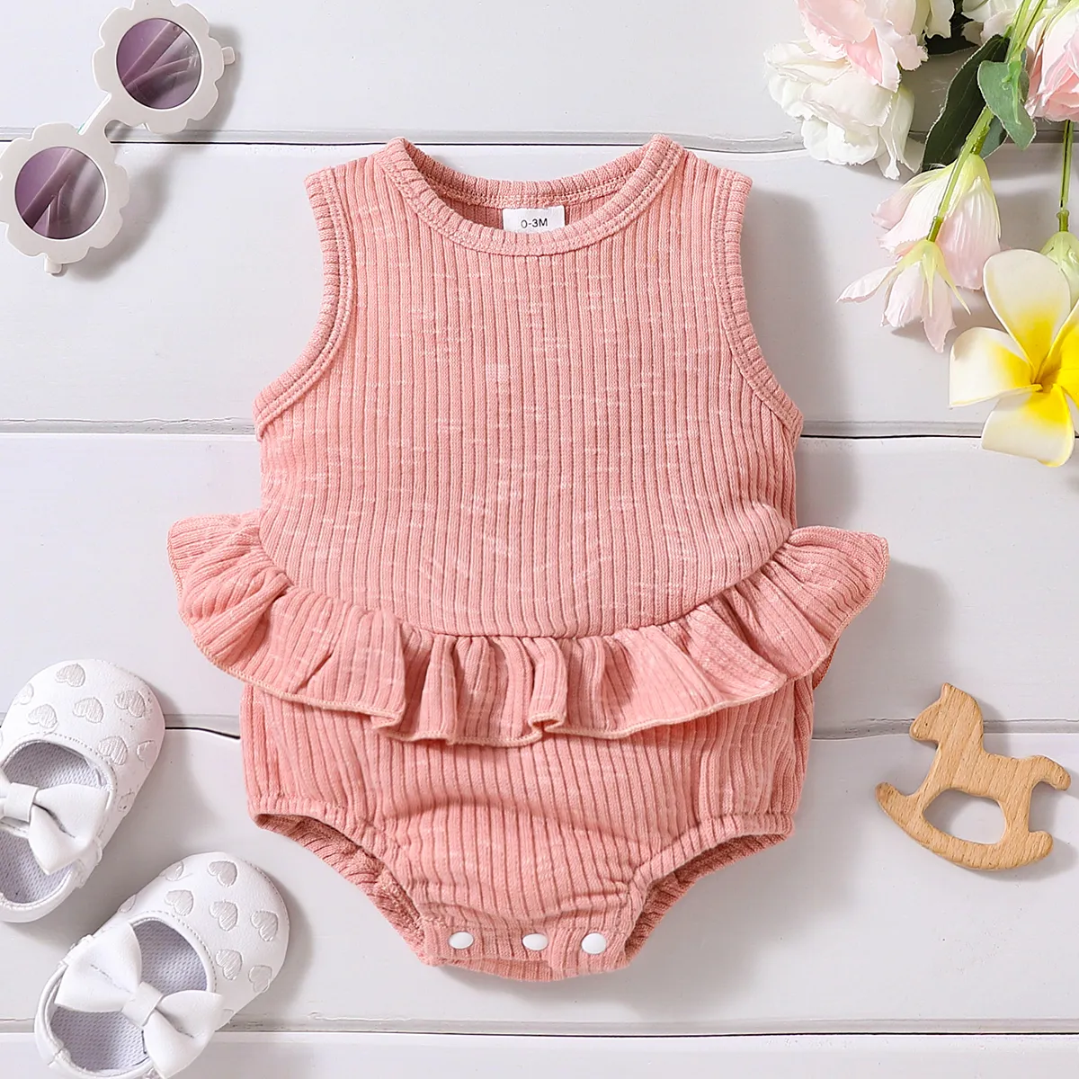 Baby Girl Solid Ribbed Ruffle Trim Tank Romper Pink big image 1
