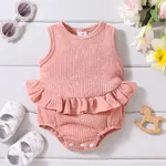 Baby Girl Solid Ribbed Ruffle Trim Tank Romper Pink