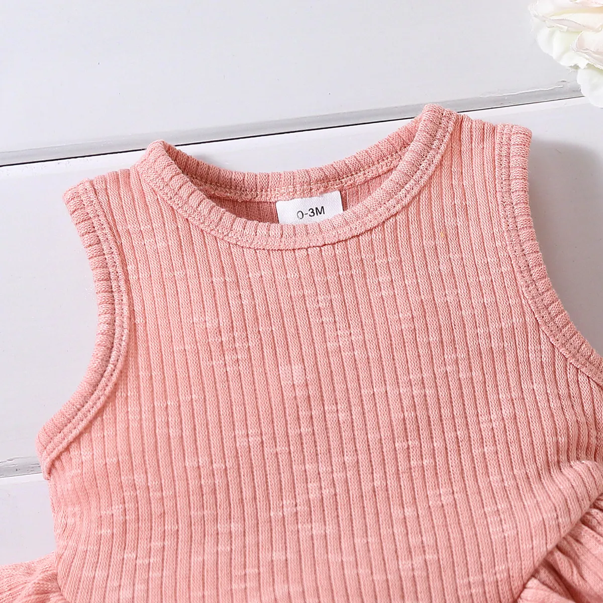 Baby Girl Solid Ribbed Ruffle Trim Tank Romper Pink image 4