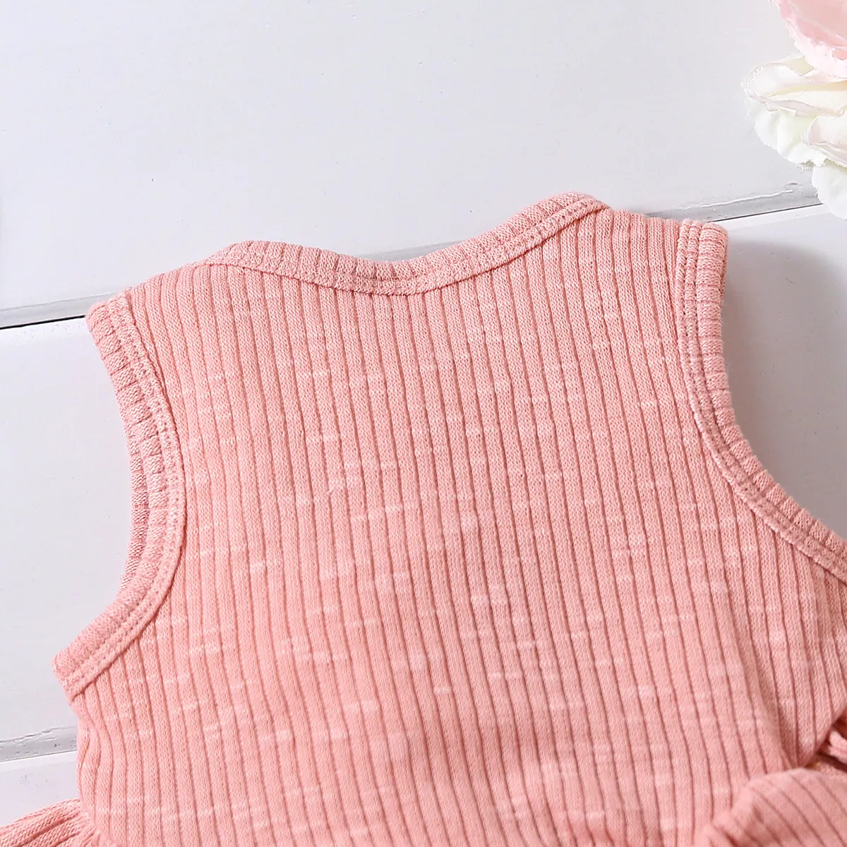 Baby Girl Solid Ribbed Ruffle Trim Tank Romper Pink image 5