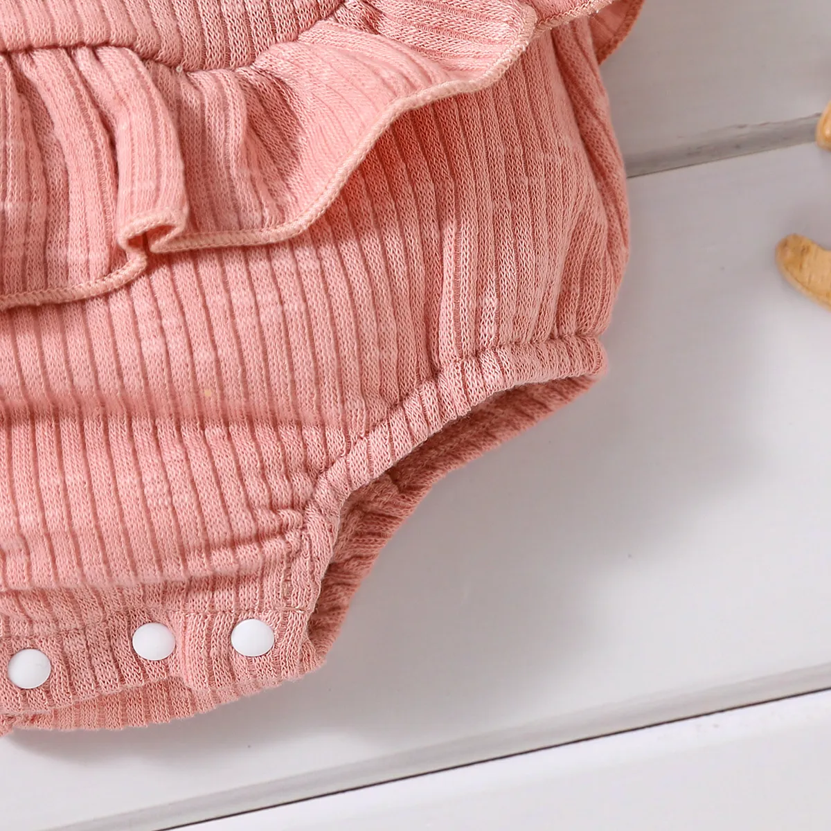 Baby Girl Solid Ribbed Ruffle Trim Tank Romper Pink image 6