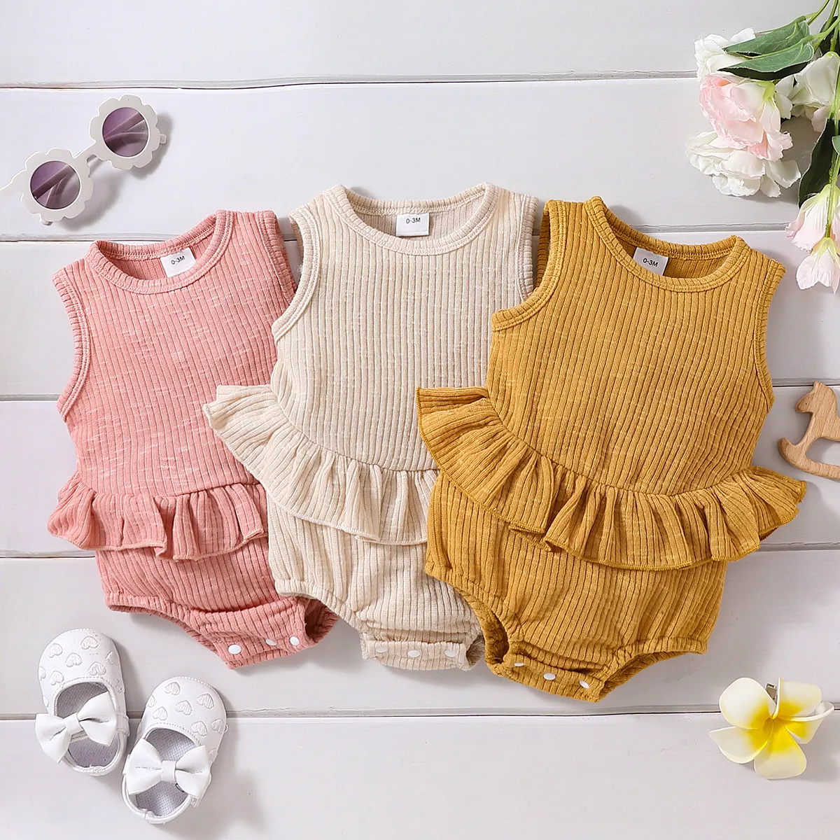 Baby Girl Solid Ribbed Ruffle Trim Tank Romper Pink image 2