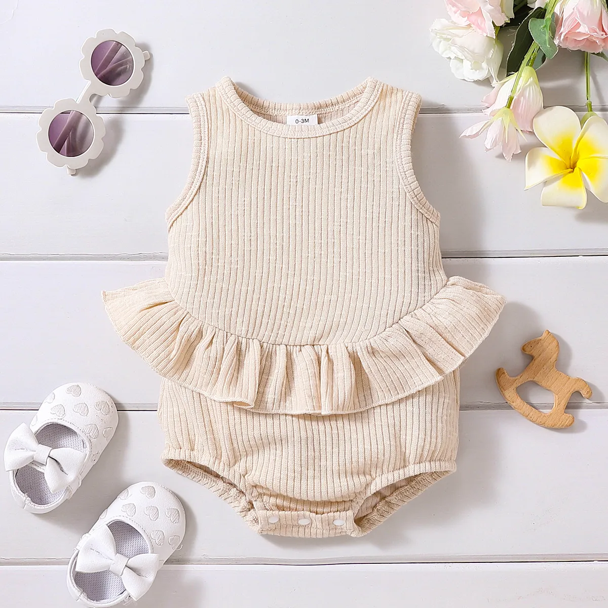 Baby Girl Solid Ribbed Ruffle Trim Tank Romper Apricot