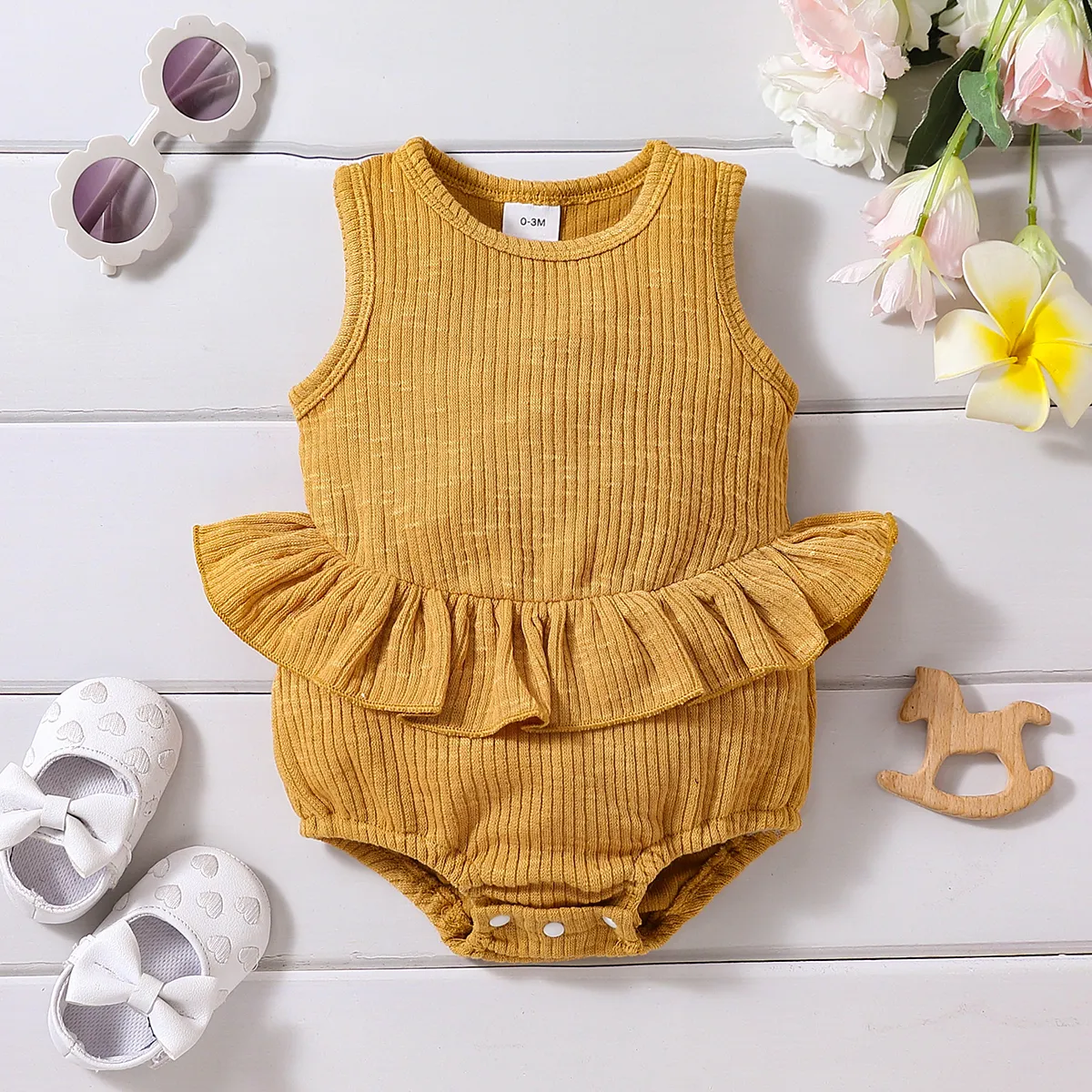 Baby Girl Solid Ribbed Ruffle Trim Tank Romper