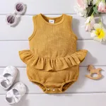 Baby Girl Solid Ribbed Ruffle Trim Tank Romper Ginger