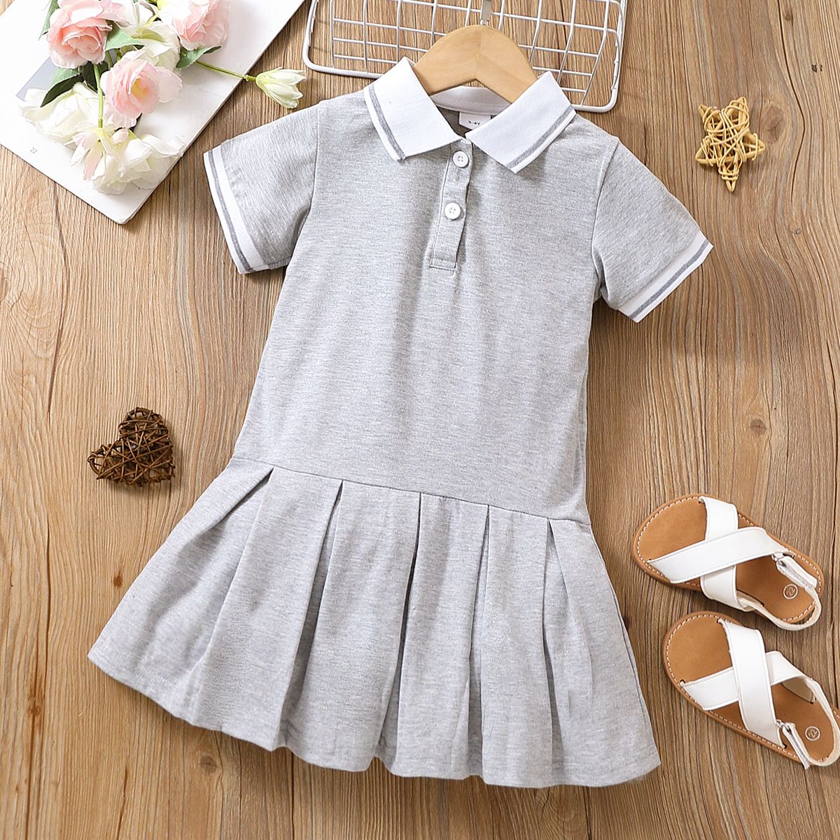 

Toddler Girl Preppy style Polo Collar Pleated Hem Short-sleeve Dress